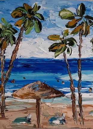 Картина маслом на двп море, пальмы, пляж 15х20 см.