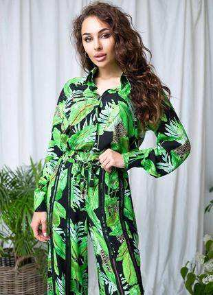 Костюм — двійка жіночий літній брючний, сорочка, штани широкі, зелений чорний рослинний принт