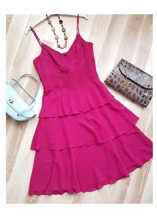 Шовкова міді сукня ярусне плаття на бретельках шовкова сукня фуксія рожева сукня літня з натурального шовку сарафан1 фото