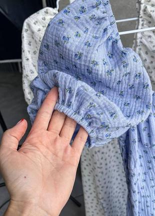 Сукня міді з розрізами муслін муслінова гарна принт блакитна6 фото