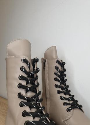 Шикарні якісні натуральні шкіряні високі черевики на шнурівці утеплені хутром беж мокко alian curdas7 фото