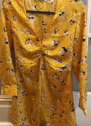 Неймовірна сонячна лимонна сатинова жаккардова міні сукня плаття в квітковий принт zara2 фото