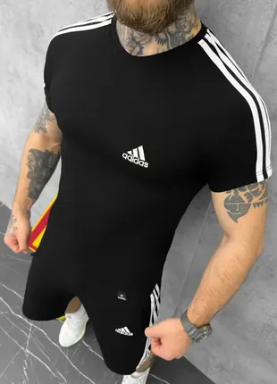 Мужской спортивный костюм черный шорты+футболка,летний однотонный спортивный костюм адидас