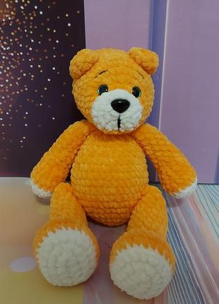 Подарунковий набір ведмедик в'язаний жовтогарячий 30 см плюшевий ведмідь3 фото