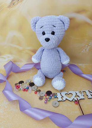 Подарочный набор мишка вязаный фиолетовый 30 см плюшевый медведь3 фото