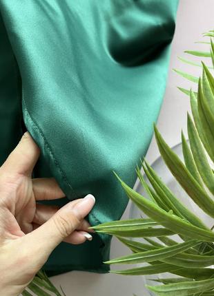 💚изумрудная сатиновая юбка миди со сборками сбоку/темно зеленая асимметричная юбка💚8 фото