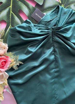 💚изумрудная сатиновая юбка миди со сборками сбоку/темно зеленая асимметричная юбка💚4 фото