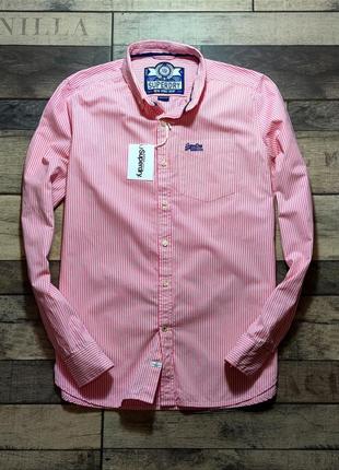 Мужская элегантная приталиная хлопоковая  винтажная  рубашка superdry casual  в розовом цвете в полоску размер м2 фото
