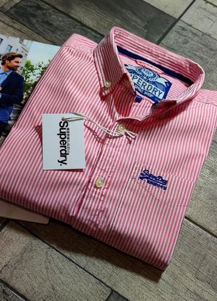 Мужская элегантная приталиная хлопоковая  винтажная  рубашка superdry casual  в розовом цвете в полоску размер м3 фото