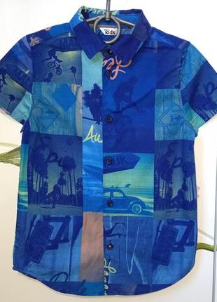 Нарядная фирменная летняя рубашка с коротким рукавом m&co синяя для мальчика 5-6 лет рост 116