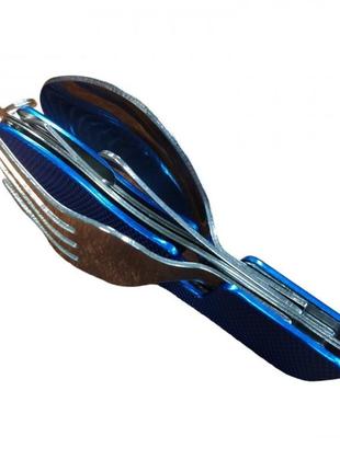 Набір для туризму, столове приладдя 4 в 1 складані (кладка, виделка, ніж, відкривачка) у чохлі на ремінь синій6 фото