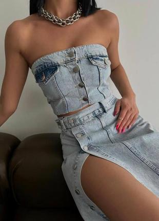 Стильная женская джинсовая юбка миди на пуговицах, голубая джинсовая юбка турция 32 34 36 389 фото