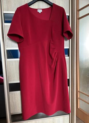 Красное платье в рубчик с коротким рукавом, классическое платье, платье с сборкой на талии