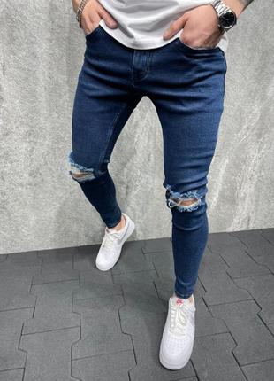 Чоловічі джинси рвані коліна сині next skinny вузькі в обтяжку стильні3 фото