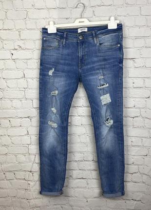 Мужские джинсы синие jack & jones slim fit штаны рваные стильные брюки