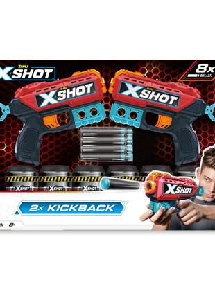 X-shot red набор скорострельных бластеров excel double kickback (2 бластыря, 6 банок, 8 патронов)