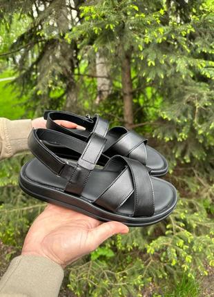 Чёрные кожаные мужские сандали босоножки на липучках2 фото
