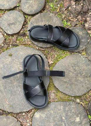 Чёрные кожаные мужские сандали босоножки на липучках8 фото