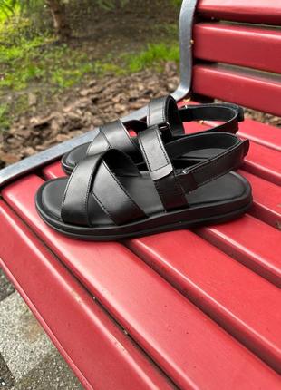 Чёрные кожаные мужские сандали босоножки на липучках3 фото