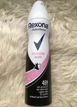Антиперспирант аэрозоль невидимый чистый кристалл защита от белых желтых пятен следов на одежде дезодорант спрей женский rexona invisible pure 48h