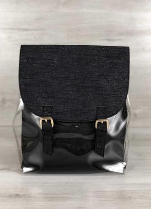 Прозорий жіночий рюкзак, модний силіконовий рюкзак міні із силікону з косметичкою чорний блиск welassie3 фото