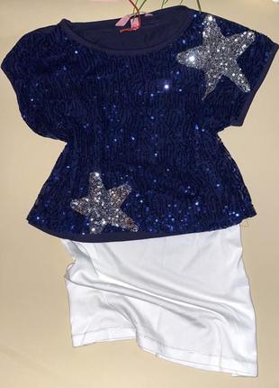 Красива блузочка 2в1. низ - котонова біла маєчка, шви прошиті срібною ниточкою, верх синього кольору