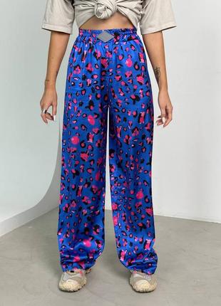 Роскошные шелковые ткани брюки женские из шелка качественные прямые свободные синие оранжевые с принтом леопард5 фото