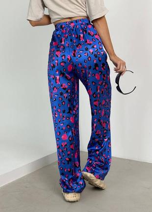 Роскошные шелковые ткани брюки женские из шелка качественные прямые свободные синие оранжевые с принтом леопард3 фото