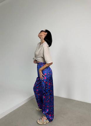 Роскошные шелковые ткани брюки женские из шелка качественные прямые свободные синие оранжевые с принтом леопард5 фото
