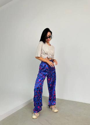 Роскошные шелковые ткани брюки женские из шелка качественные прямые свободные синие оранжевые с принтом леопард9 фото