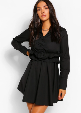 Платье мини женская черная клешь хлопок с рюшами от бренда boohoo m l3 фото