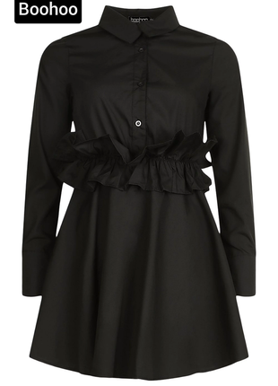 Платье мини женская черная клешь хлопок с рюшами от бренда boohoo m l4 фото