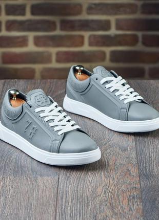 Мужские кеды plein серые на белой подошве, чоловічі кеди із натуральної шкіри в сірому кольорі