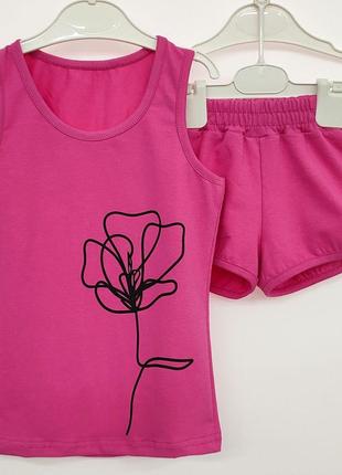 Костюм двойка детский летний майка, короткие шорты для девочки малиновый яркий комплект на подарок
