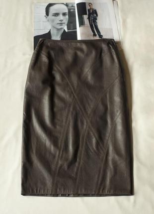 Коричневая кожаная винтажная юбка карандаш миди женская (германия), размер s