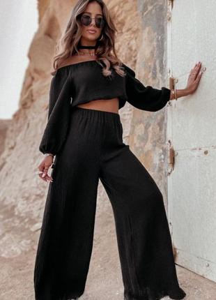 Женский деловой стильный классный классический удобный модный трендовый костюм модный брюки штаны штанишки и + топ топик черный белый