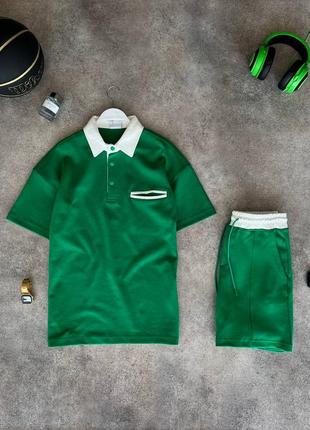 Костюм мужской базовый футболка поло шорты зеленый турция / комплект мужской футболка шорти зелений4 фото