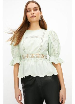 100% бавовна прошва блузка рукав ліхтарик мереживна блуза фісташковий колір1 фото