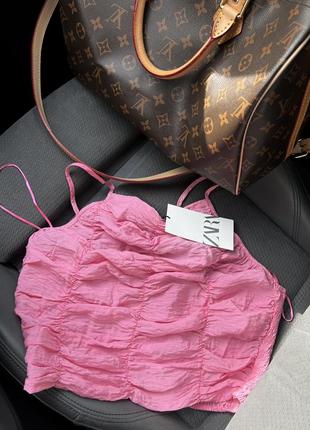Шикарная розовая майка топ атлас вискоза резинка рюши zara5 фото