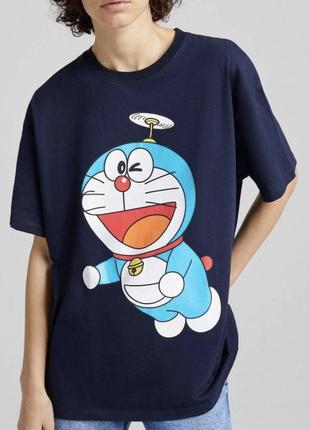 Bershka новая футболка doraemon мультяшный принт, оверсайз, oversize, котоновая, хлопковая, размер xs