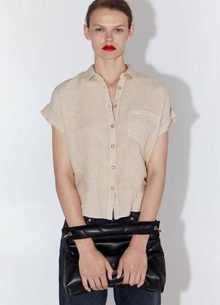 Льняная бежевая рубашка с карманом на груди zara
