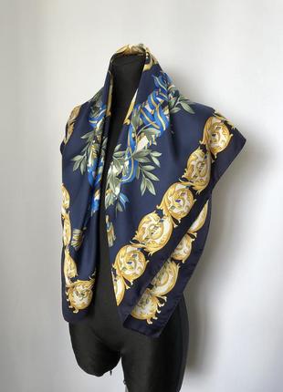 Шелковый платок в стиле версаче «оливковая ветвь» синий желтый