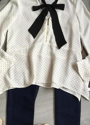 Стильная красивая блуза zara в меткий горошек и бант по горловине5 фото