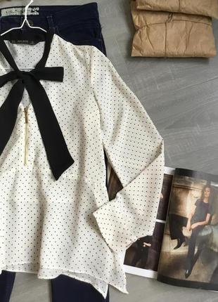 Стильная красивая блуза zara в меткий горошек и бант по горловине4 фото