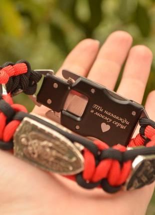 Браслет з архангелом, гербом, сокирами ручного лиття з мельхіору та ножем із гравіюванням + брелок у подарунок