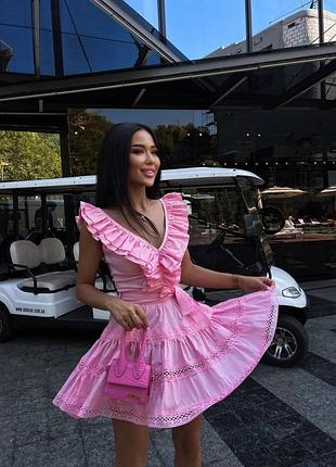 Сукня з декольте рюшами клеш мереживо рожева біла