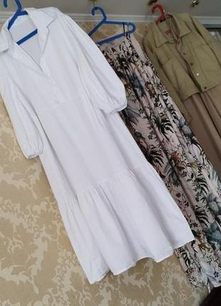 ❤️ біле довге плаття ярусне сукня максі бавовна котон рюша волан ґудзики бавовняне сарафан ліхтарики комір оверсайз2 фото