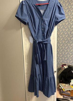 Красивое синее платье винтажного кроя в горошек2 фото