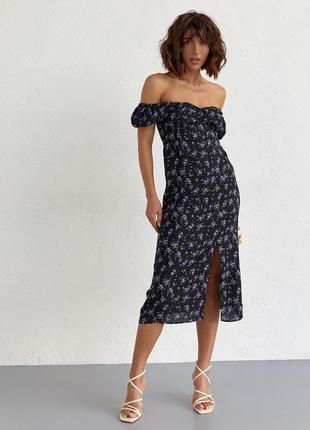 Сукня міді з відкритими плечима та розрізом — чорний колір, l (є розміри)