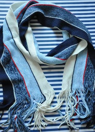 Длинный вязаный теплый шарф (синий, голубой, белый, красный) зима